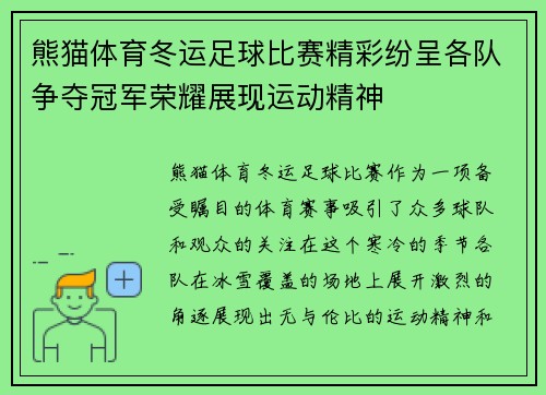 熊猫体育冬运足球比赛精彩纷呈各队争夺冠军荣耀展现运动精神
